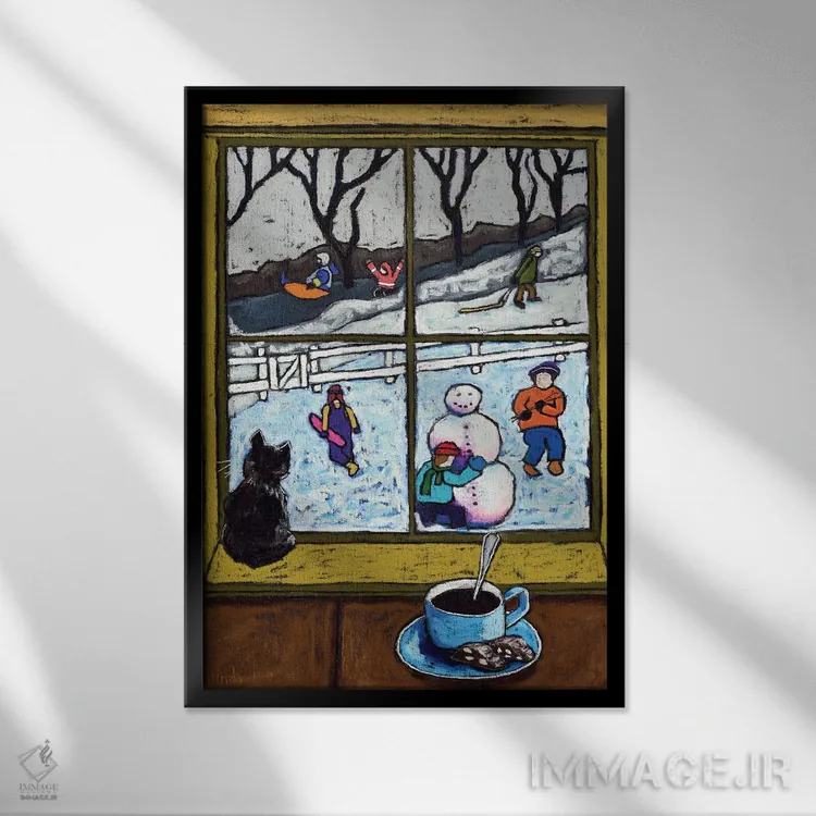 تابلو دکوراتیو صحنه زمستانی بازی کودکان اثر دیویدای هیندز - نمای قابدار مشکی