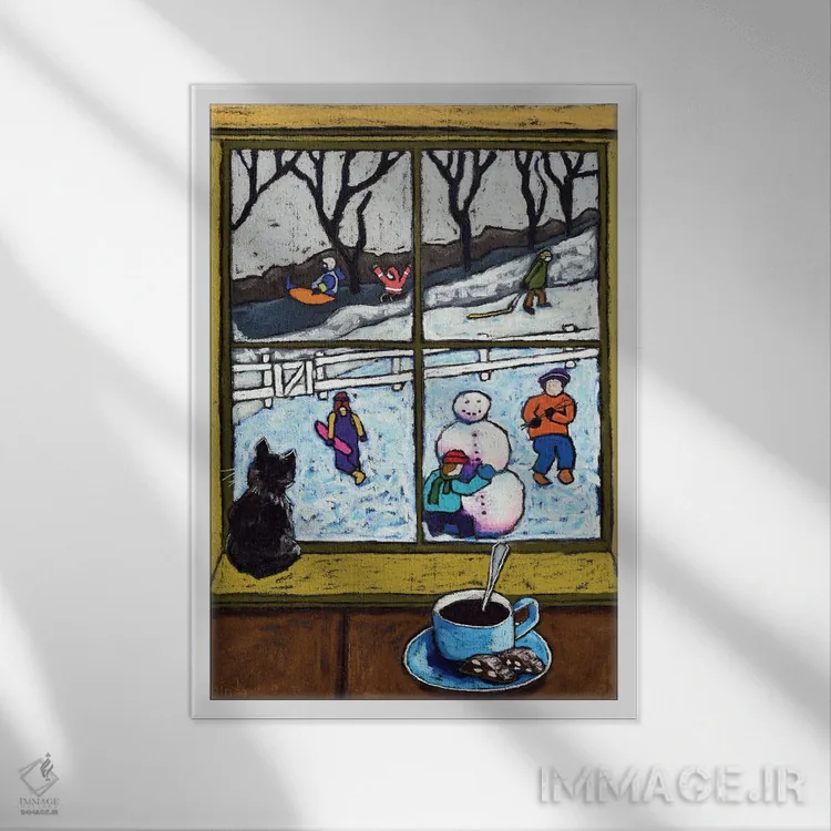 تابلو دکوراتیو صحنه زمستانی بازی کودکان اثر دیویدای هیندز - نمای قابدار سفید