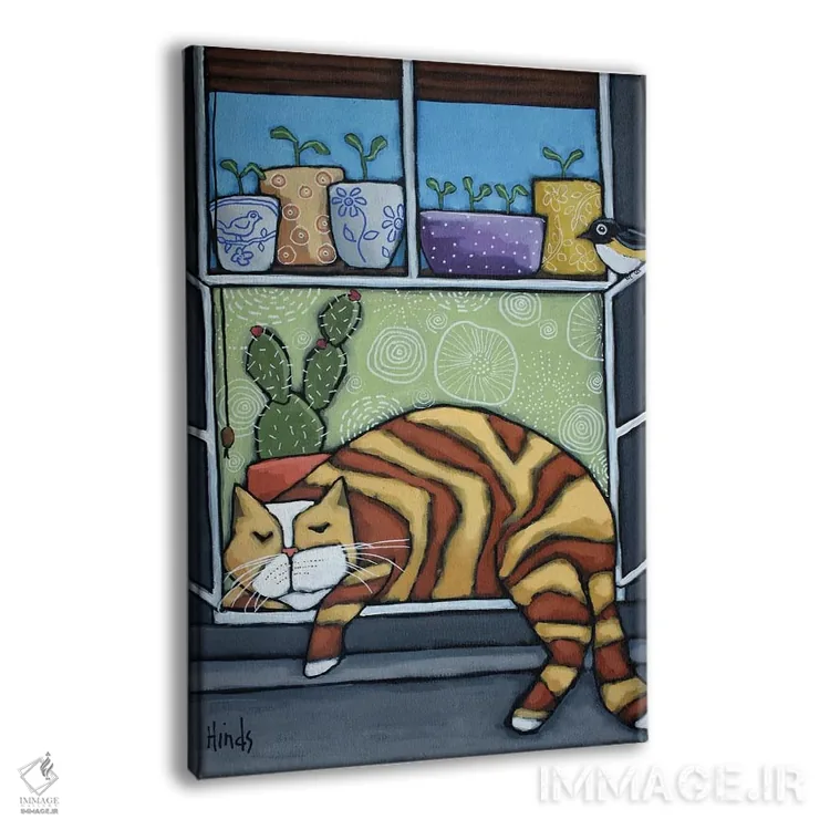 تابلو دکوراتیو گربه خوابیده روی لبه پنجره اثر دیویدای هیندز - نمای پرسپکتیو محصول