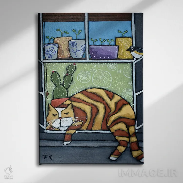 تابلو دکوراتیو گربه خوابیده روی لبه پنجره اثر دیویدای هیندز - نمای روبهرو روی دیوار