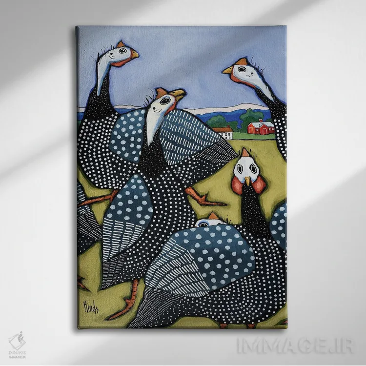 تابلو دکوراتیو شش مرغ گینه ای اثر دیویدای هیندز - نمای روبهرو روی دیوار