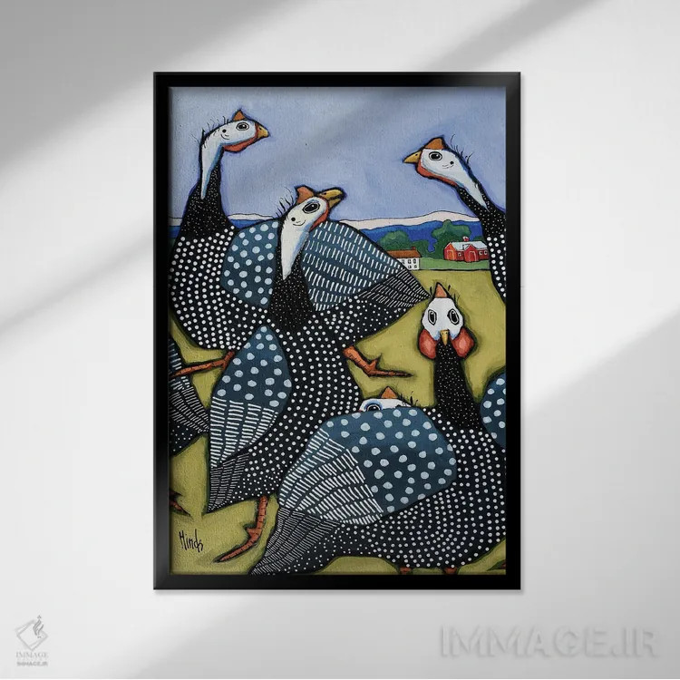 تابلو دکوراتیو شش مرغ گینه ای اثر دیویدای هیندز - نمای قابدار مشکی