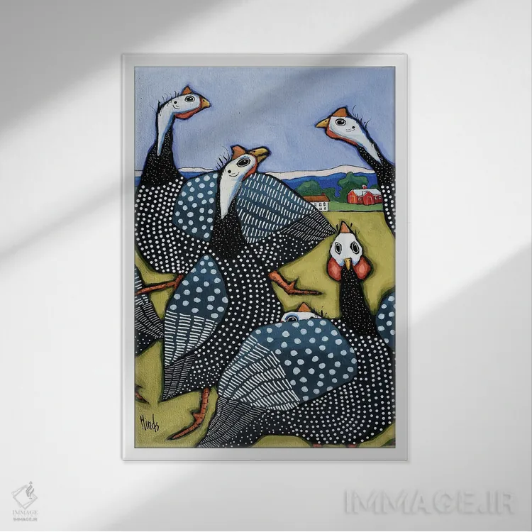 تابلو دکوراتیو شش مرغ گینه ای اثر دیویدای هیندز - نمای قابدار سفید