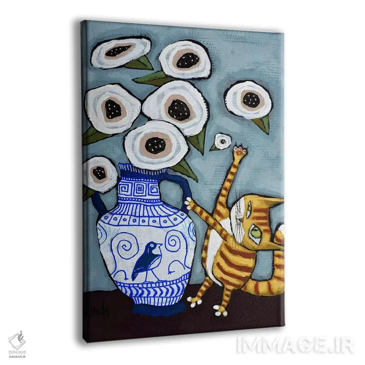 تابلو دکوراتیو گربه در حال ضربه زدن به گل ها اثر دیویدای هیندز - نمای پرسپکتیو محصول