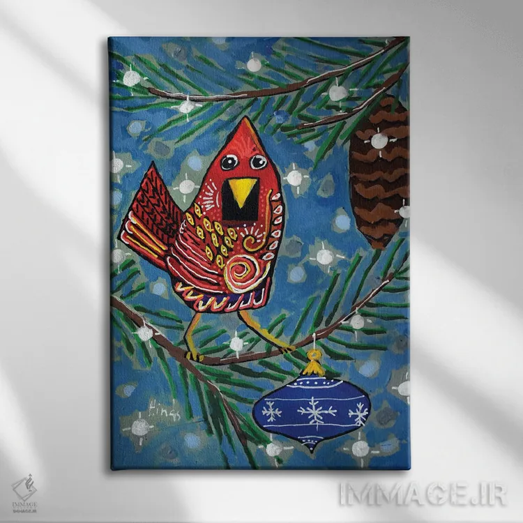 تابلو دکوراتیو پرنده قرمز کریسمسی اثر دیویدای هیندز - نمای روبهرو روی دیوار