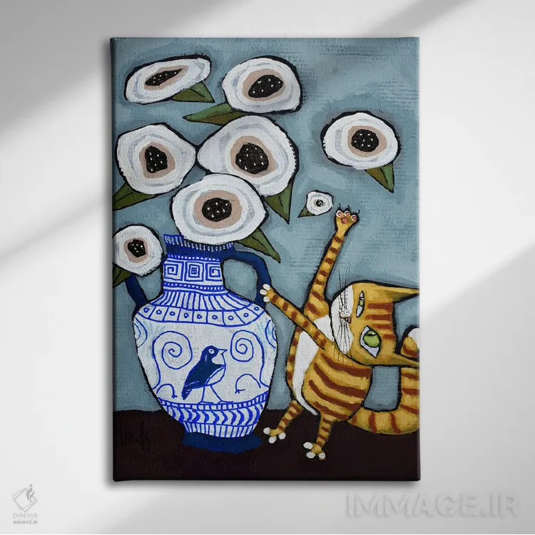 تابلو دکوراتیو گربه در حال ضربه زدن به گل ها اثر دیویدای هیندز - نمای روبهرو روی دیوار