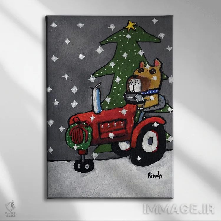 تابلو دکوراتیو سگ کریسمسی و تراکتور اثر دیویدای هیندز - نمای روبهرو روی دیوار