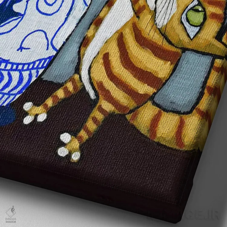 تابلو دکوراتیو گربه در حال ضربه زدن به گل ها اثر دیویدای هیندز - نمای نزدیک بافت بوم