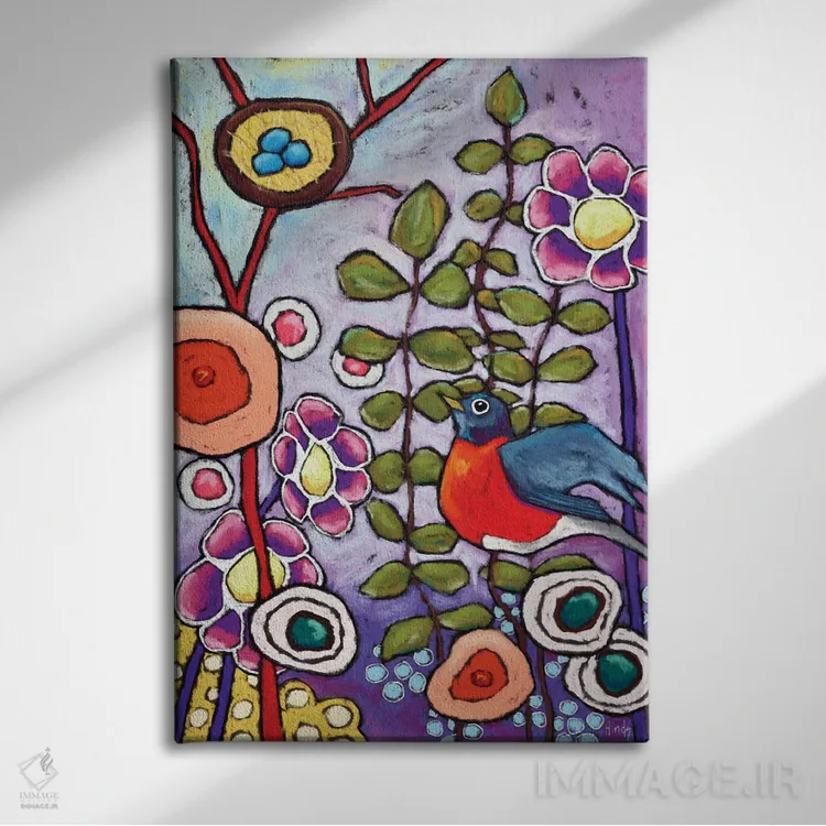 تابلو دکوراتیو سینه سرخ قرمز اثر دیویدای هیندز - نمای روبهرو روی دیوار