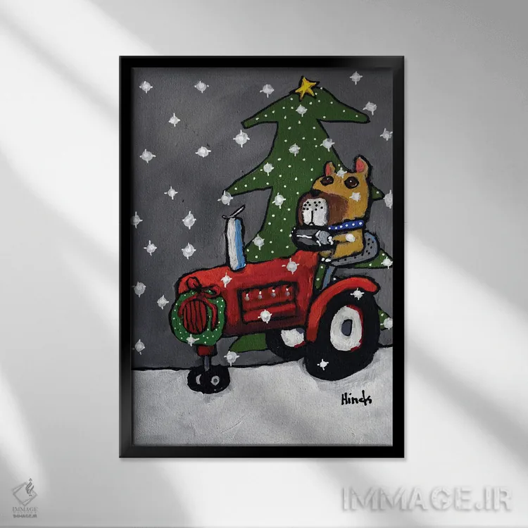 تابلو دکوراتیو سگ کریسمسی و تراکتور اثر دیویدای هیندز - نمای قابدار مشکی