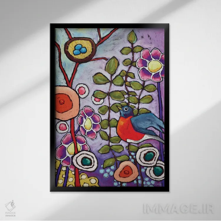 تابلو دکوراتیو سینه سرخ قرمز اثر دیویدای هیندز - نمای قابدار مشکی