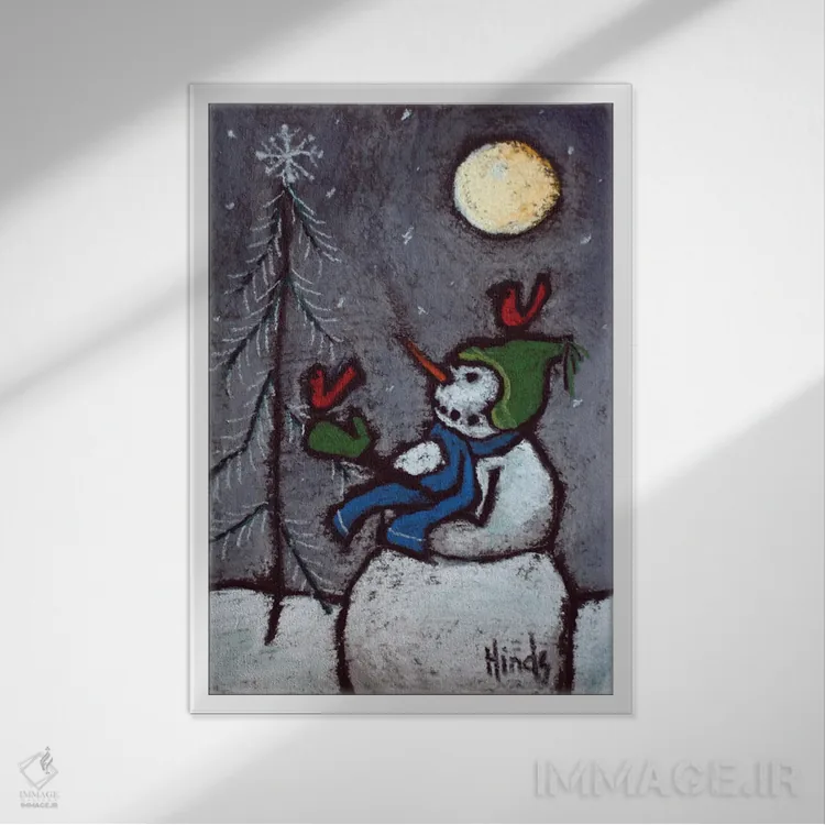 تابلو دکوراتیو آدم برفی و پرندگان قرمز اثر دیویدای هیندز - نمای قابدار سفید