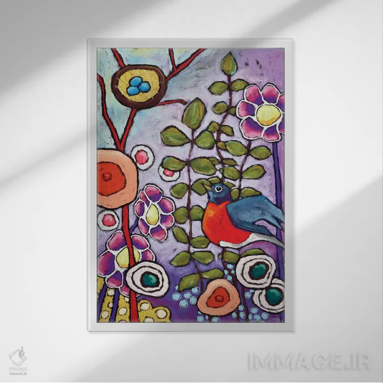 تابلو دکوراتیو سینه سرخ قرمز اثر دیویدای هیندز - نمای قابدار سفید