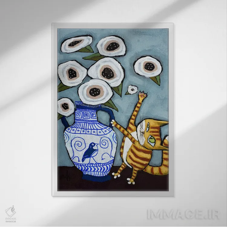 تابلو دکوراتیو گربه در حال ضربه زدن به گل ها اثر دیویدای هیندز - نمای قابدار سفید