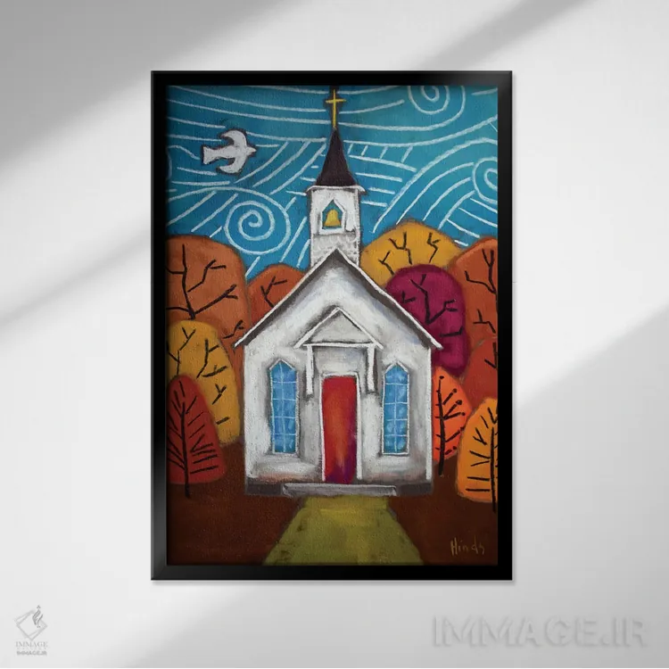 تابلو دکوراتیو کلیسای رنگ های پاییزی اثر دیویدای هیندز - نمای قابدار مشکی