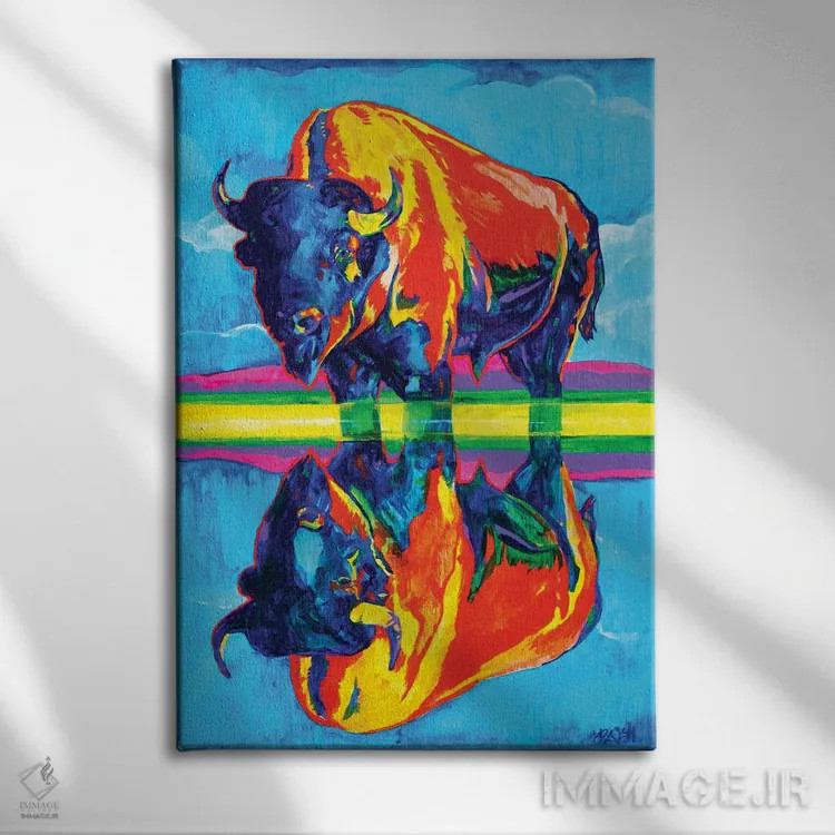 تابلو دکوراتیو انعکاس های گاومیش آمریکایی اثر دریک هیگینز - نمای روبهرو روی دیوار