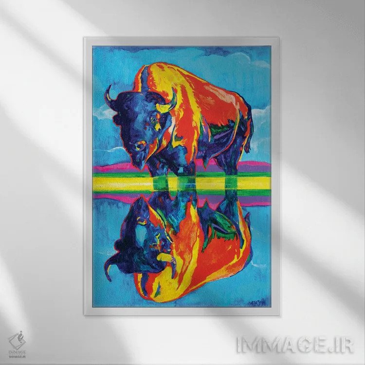 تابلو دکوراتیو انعکاس های گاومیش آمریکایی اثر دریک هیگینز - نمای قابدار سفید