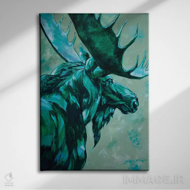 تابلو دکوراتیو گوزن شمالی یشمی اثر دریک هیگینز - نمای روبهرو روی دیوار
