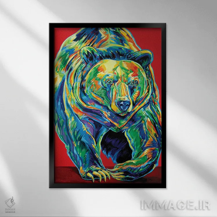 تابلو دکوراتیو خرس گریزلی در حرکت اثر دریک هیگینز - نمای قابدار مشکی