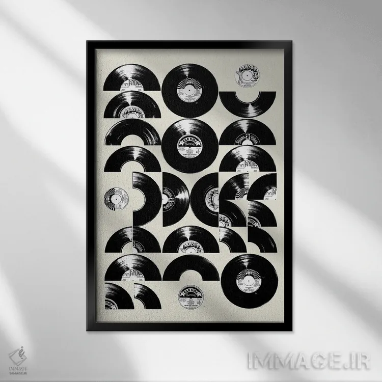 تابلو دکوراتیو صفحه های موسیقی اواسط قرن بیستم اثر دیکاتمی - نمای قابدار مشکی