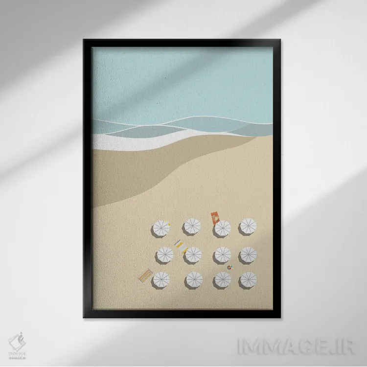 تابلو مینیمال چترها کنار دریا اثر پیج ترنر - نمای قابدار مشکی