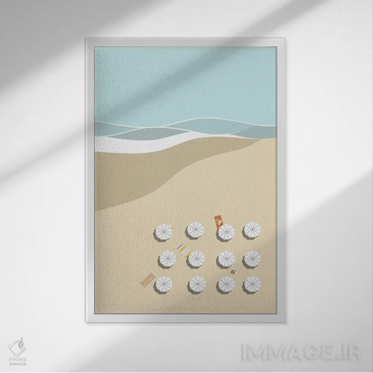 تابلو مینیمال چترها کنار دریا اثر پیج ترنر - نمای قابدار سفید