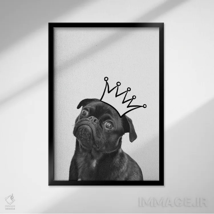 تابلو دکوراتیو توله سگ با تاج - پاگ اثر پیج ترنر - نمای قابدار مشکی