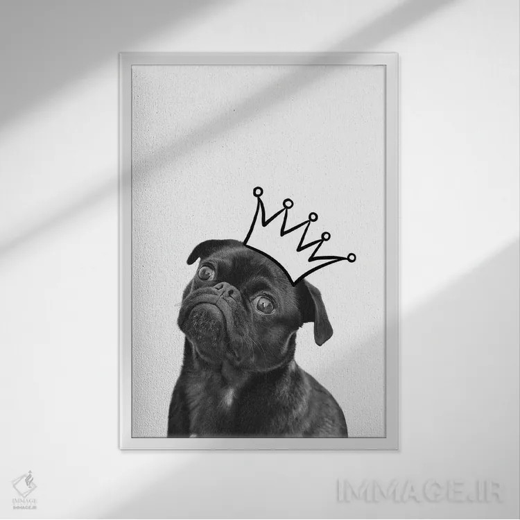 تابلو دکوراتیو توله سگ با تاج - پاگ اثر پیج ترنر - نمای قابدار سفید