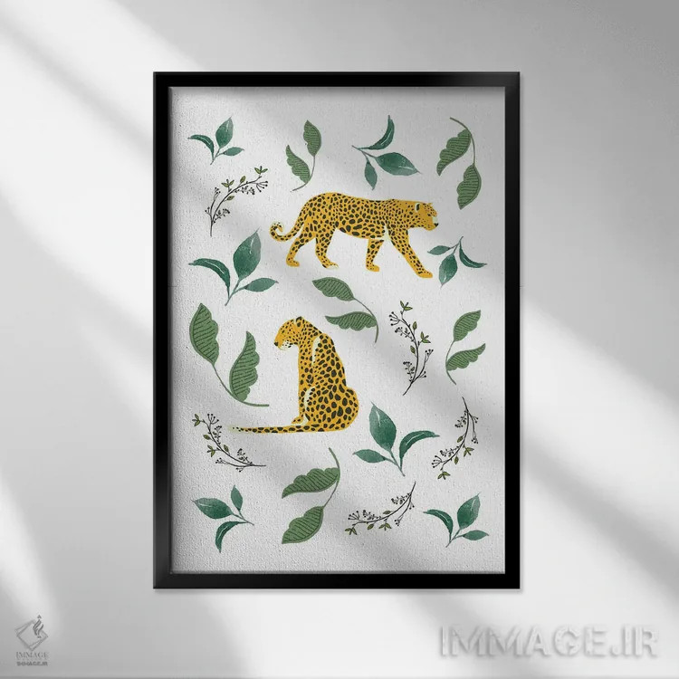 تابلو مینیمال پلنگ های کلاسیک میان برگ های جنگل اثر پیج ترنر - نمای قابدار مشکی