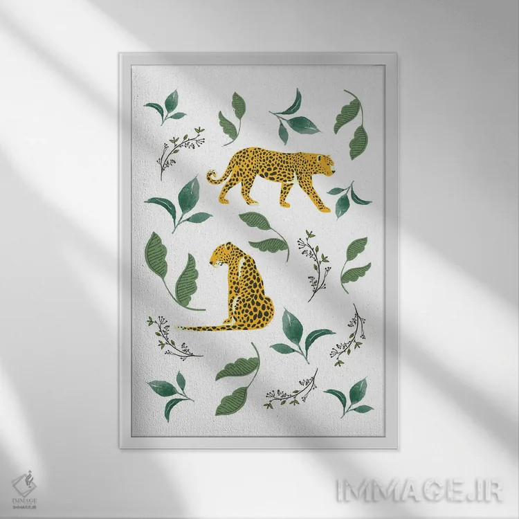 تابلو مینیمال پلنگ های کلاسیک میان برگ های جنگل اثر پیج ترنر - نمای قابدار سفید