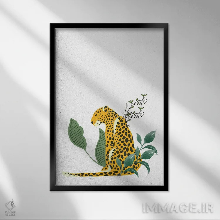 تابلو مینیمال پلنگ قدیمی پنهان شده در میان برگ ها اثر پیج ترنر - نمای قابدار مشکی