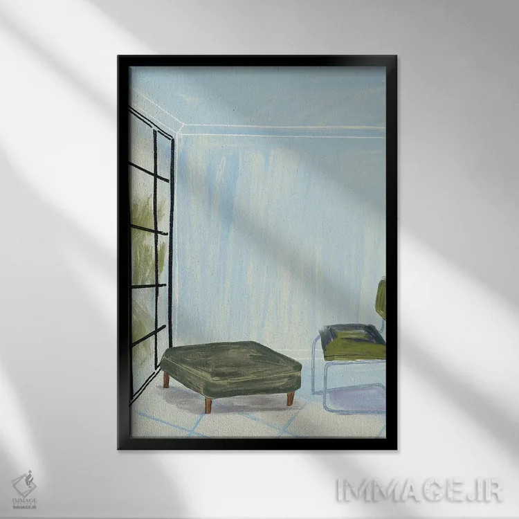 تابلو دکوراتیو در اتاقی با پنجره و صندلی سبز اثر پیج ترنر - نمای قابدار مشکی