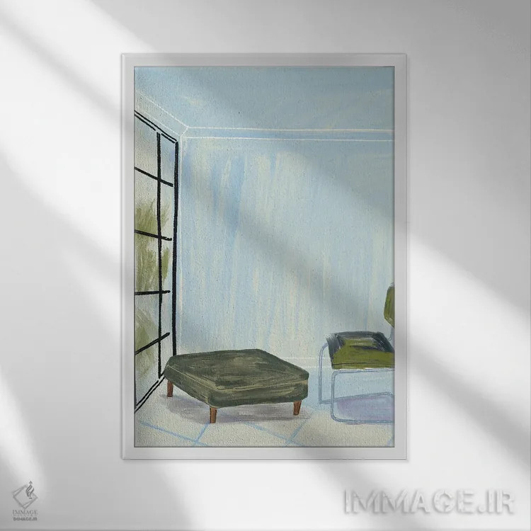 تابلو دکوراتیو در اتاقی با پنجره و صندلی سبز اثر پیج ترنر - نمای قابدار سفید