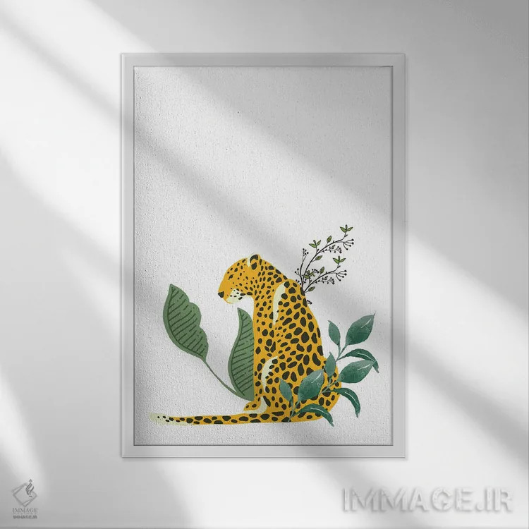 تابلو مینیمال پلنگ قدیمی پنهان شده در میان برگ ها اثر پیج ترنر - نمای قابدار سفید