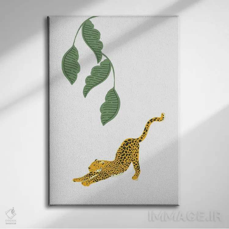 تابلو مینیمال پلنگ قدیمی که زیر برگ های جنگل کش و قوس می آید اثر پیج ترنر - نمای روبهرو روی دیوار
