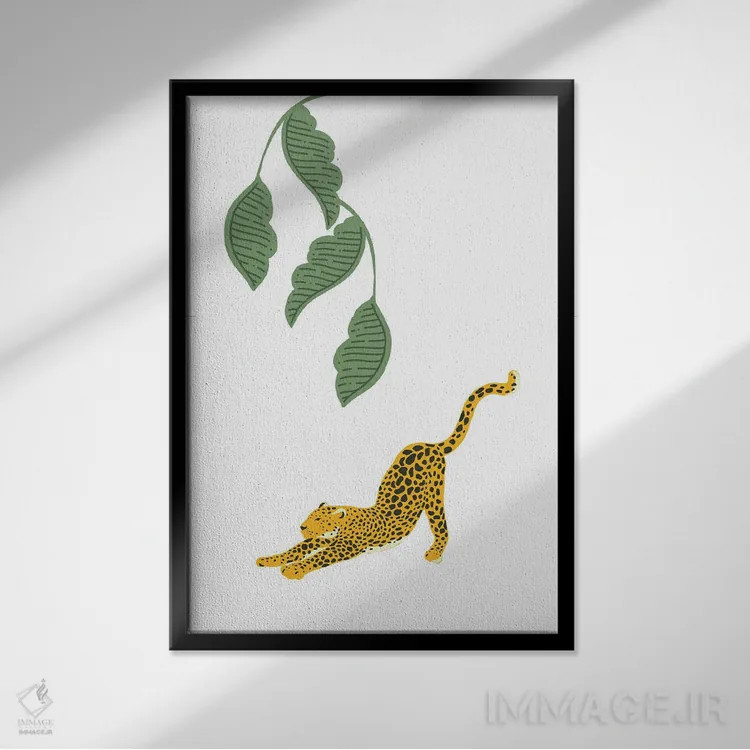 تابلو مینیمال پلنگ قدیمی که زیر برگ های جنگل کش و قوس می آید اثر پیج ترنر - نمای قابدار مشکی