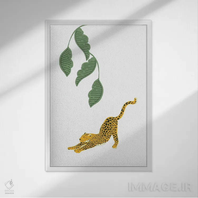 تابلو مینیمال پلنگ قدیمی که زیر برگ های جنگل کش و قوس می آید اثر پیج ترنر - نمای قابدار سفید