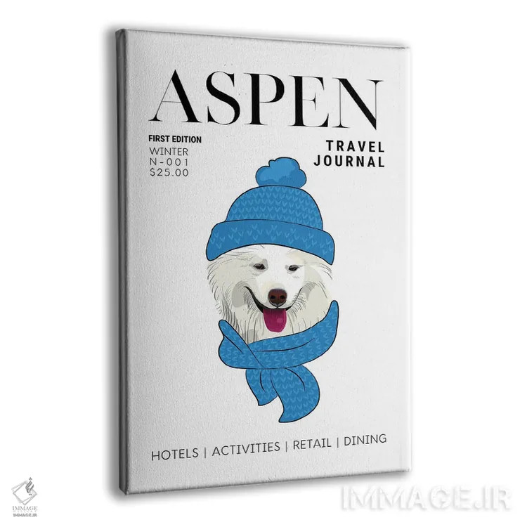 تابلو دکوراتیو جلد مجله سفر اسپن با سگ زمستانی با شال گردن اثر پیج ترنر - نمای پرسپکتیو محصول