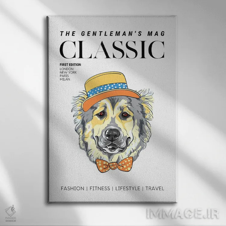 تابلو دکوراتیو جلد مجله مردان اصیل با سگ شیک پوش با کلاه و پاپیون اثر پیج ترنر - نمای روبهرو روی دیوار