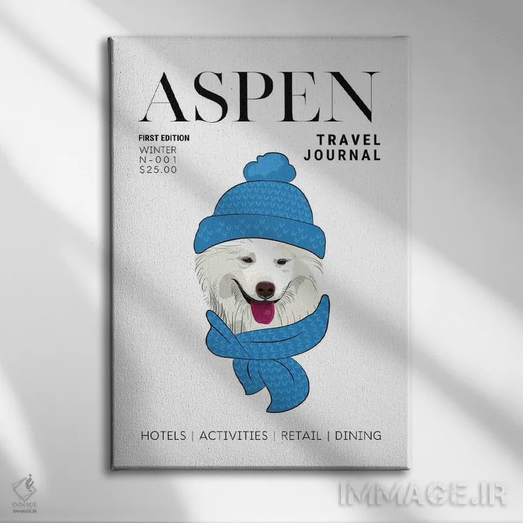تابلو دکوراتیو جلد مجله سفر اسپن با سگ زمستانی با شال گردن اثر پیج ترنر - نمای روبهرو روی دیوار