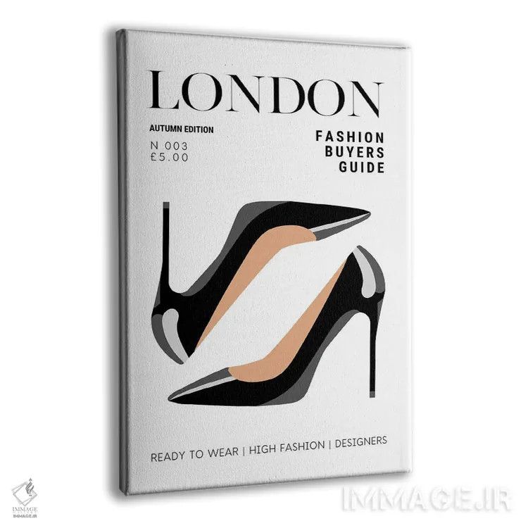 تابلو دکوراتیو جلد مجله راهنمای مد لندن با کفش پاشنه بلند مشکی چرمی اثر پیج ترنر - نمای پرسپکتیو محصول