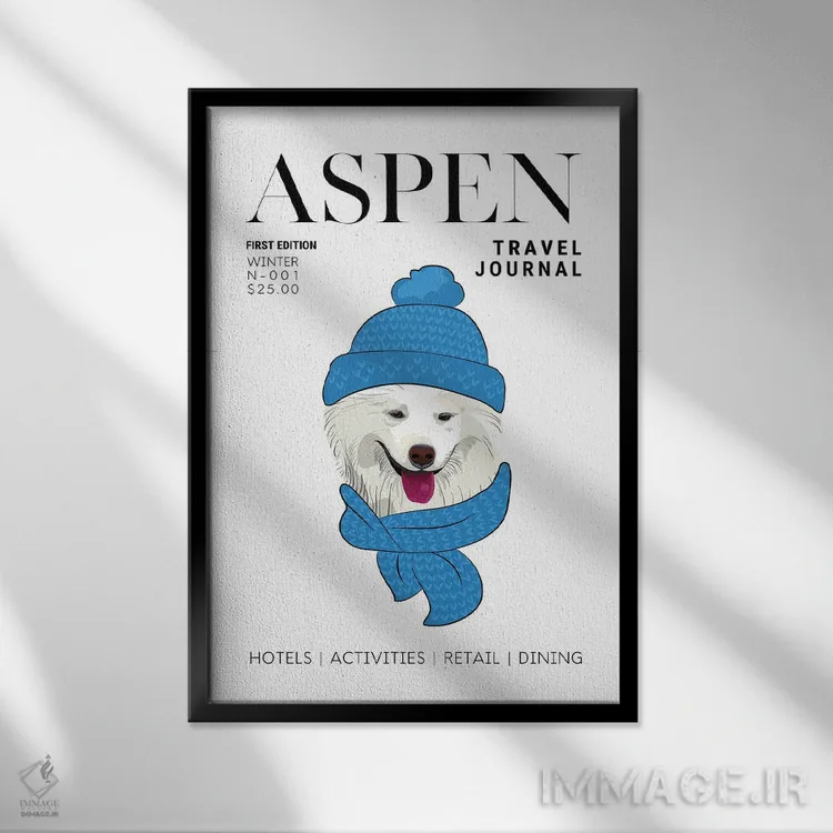 تابلو دکوراتیو جلد مجله سفر اسپن با سگ زمستانی با شال گردن اثر پیج ترنر - نمای قابدار مشکی