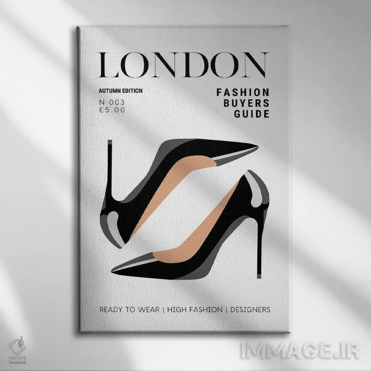 تابلو دکوراتیو جلد مجله راهنمای مد لندن با کفش پاشنه بلند مشکی چرمی اثر پیج ترنر - نمای روبهرو روی دیوار