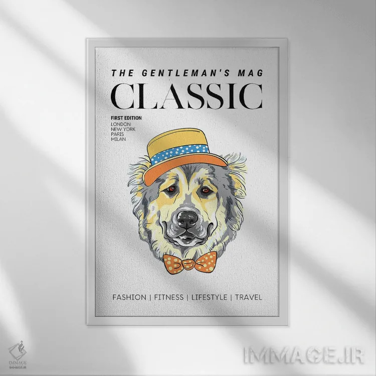 تابلو دکوراتیو جلد مجله مردان اصیل با سگ شیک پوش با کلاه و پاپیون اثر پیج ترنر - نمای قابدار سفید