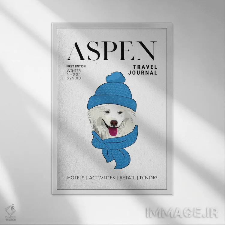 تابلو دکوراتیو جلد مجله سفر اسپن با سگ زمستانی با شال گردن اثر پیج ترنر - نمای قابدار سفید