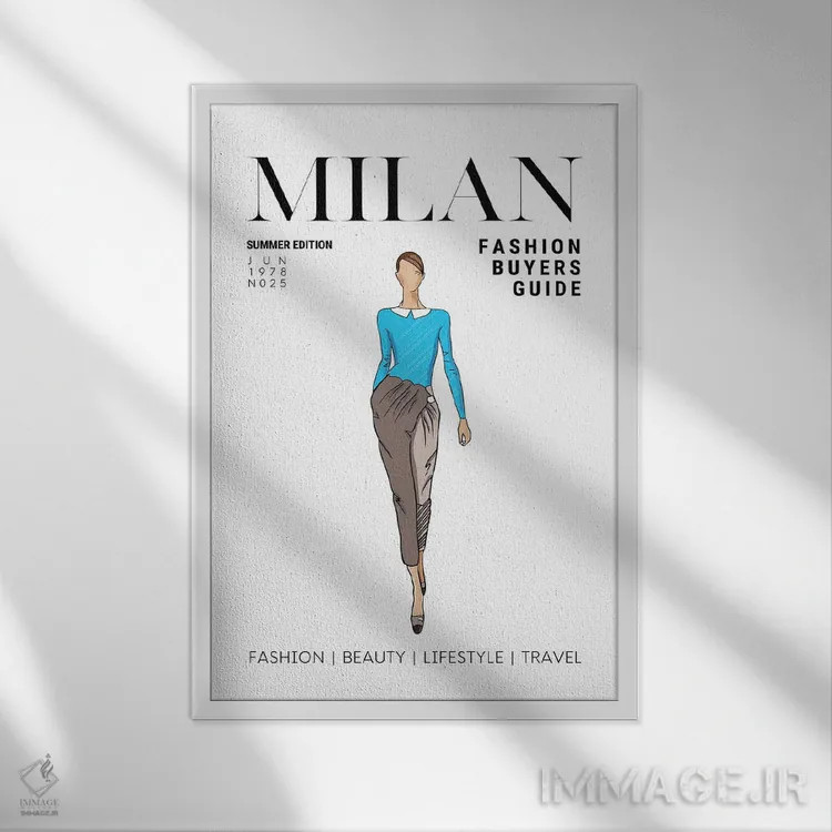 تابلو دکوراتیو راهنمای مد ایتالیایی میلان با تصویرسازی رترو وینتیج اثر پیج ترنر - نمای قابدار سفید