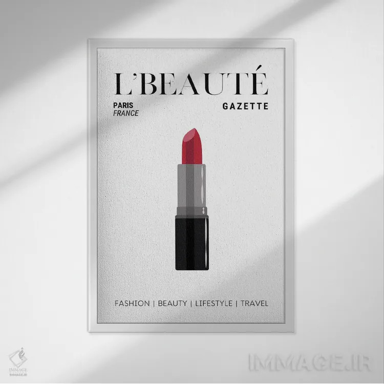 تابلو دکوراتیو جلد مجله آرایش L'Beaute Gazette با رژ لب قرمز کلاسیک اثر پیج ترنر - نمای قابدار سفید