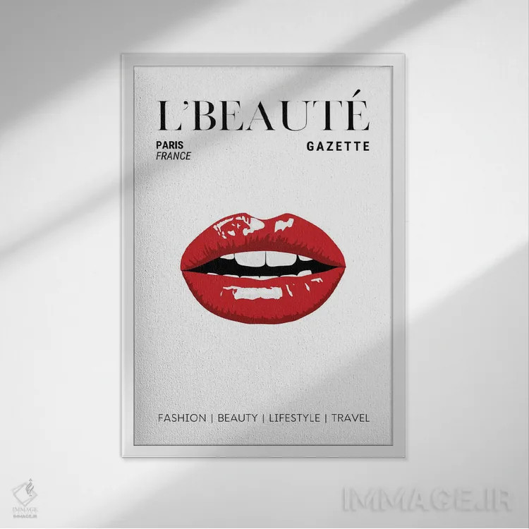 تابلو دکوراتیو جلد مجله زیبایی L'Beaute Gazette با لب های قرمز براق کلاسیک اثر پیج ترنر - نمای قابدار سفید