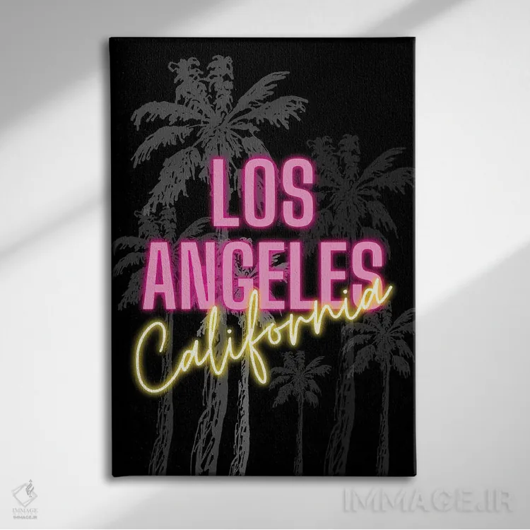 تابلو دکوراتیو طرح نئونی لس آنجلس کالیفرنیا بر روی پس زمینه نخل اثر پیج ترنر - نمای روبهرو روی دیوار