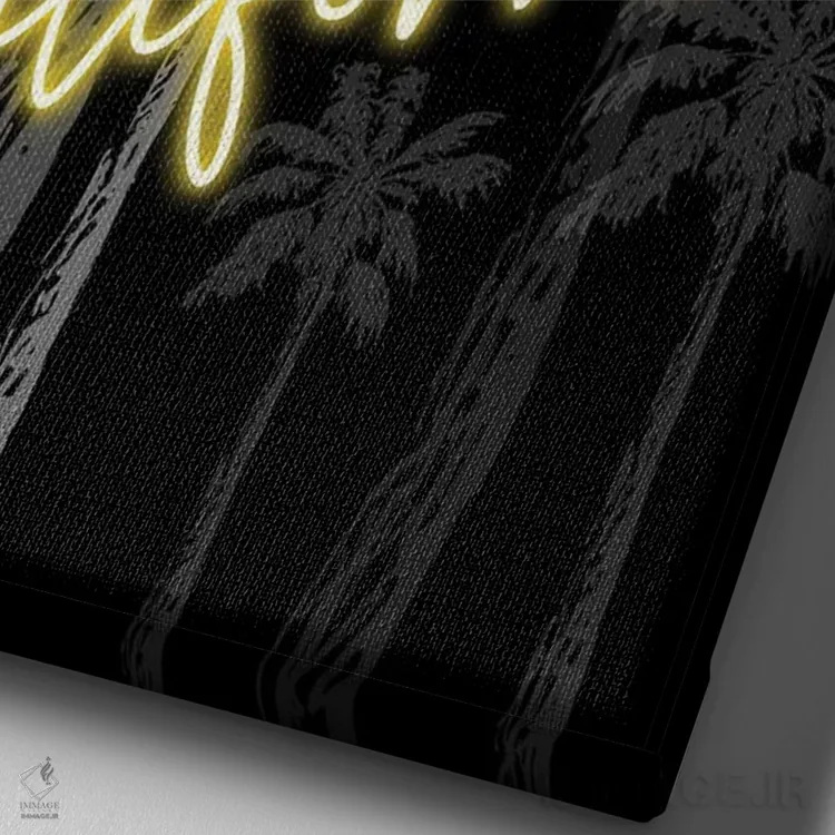 تابلو دکوراتیو طرح نئونی لس آنجلس کالیفرنیا بر روی پس زمینه نخل اثر پیج ترنر - نمای نزدیک بافت بوم